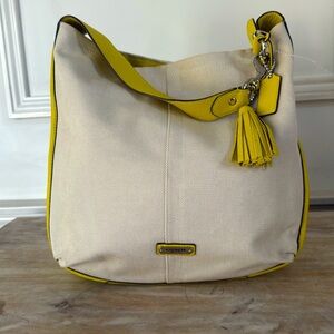 COACH Avery Hobo Natural Canvas & Chartreuse Pebbled Leather Shoulder Bag